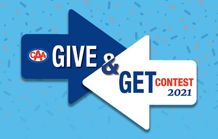 Image showing Give and Get Insurance contest logo in white and blue.