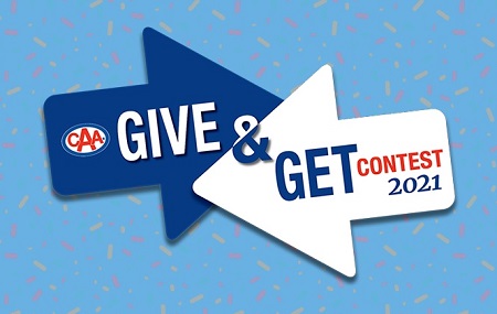 Image showing one blue and one white arrow facing each other with the words Give and Get inside.