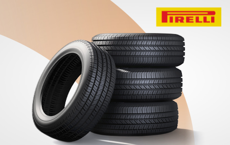 Images showing a stack of tires and the Pirelli Tires logo.