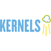 Kernels logo light blue block letters with stylized popcorn kernel popping upwards