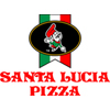 Santa Lucia Pizza corporate logo stylized chef in black circle over Italian flag with red lettering below