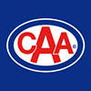 CAA logo red letters with blue surround on dark blue background