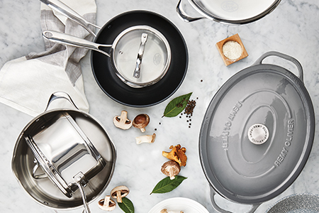 Image featuring a variety of stylish kitchen utensils, pots and pans