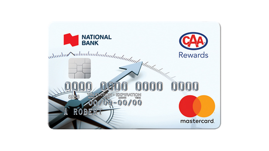 Image of sample CAA National Bank MasterCard, with words National Bank and CAA Rewards logo in upper right hand corner with MasterCard logo orange and red circles in lower right corner with name A. Robert and card number 0000000000000000 in silver lettering.