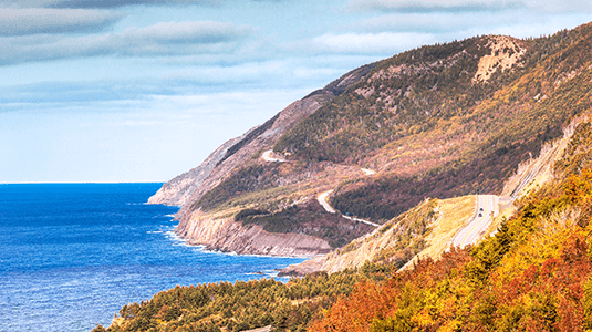 Cabot Trail winding along Cape Breton coastline.
