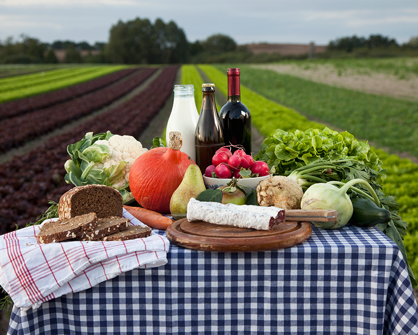 Table of fresh food on a farm
