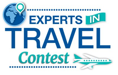 Image graphic showing stylized globe in upper left corner and stylized airliner in lower right corner with the words Experts In Travel Contest in between.