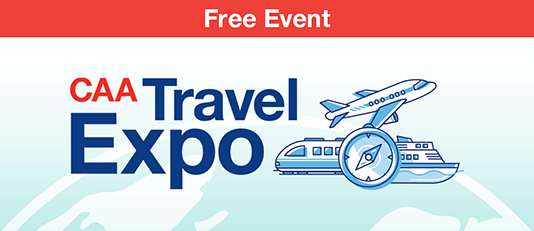 The text free event appears on the top of the image. The text CAA Travel Expo on the left side of image. Right side of image has an illustration of plane, cruises ship, train and a compass with a globe in the background.