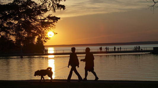 Image showing a man and a woman in silhouette walking a dog beside a lake as the sun sets.