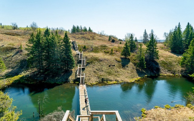 Image showing a long wooden bridge spanning a creek.