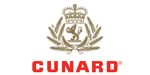 Cunard logo sylized crown with lion holding globe in centre surrounded by laural in gold with red lettering.