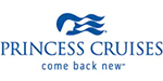 Princess Cruises logo royal blue lettering with stylized female head and flowing hair resembling waves above.