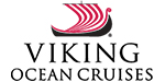Viking Ocean Cruises logo black letting below black stylized viking ship with red sails..