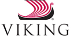 Viking River Cruises logo black letting below black stylized viking ship with red sails.