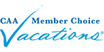 CAA Member Choice Vacations logo light blue lettering with letter V as stylized checkmark.