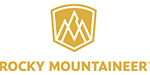 Rocky Mountaineer logo featuring yellow lettering with stylized mountains within a shield.