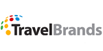 TravelBrands logo featuring upper and lowercase lettering in black and grey with stylized globe represented by multi-coloured polka dots.