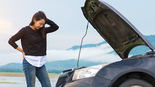 A woman standing beside her vehicle with the hood propped up.