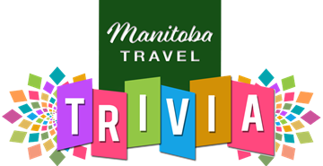 Travel Trivia contest logo with word trivia in stylized colourful letters and Manitoba Travel in white letters on green background.