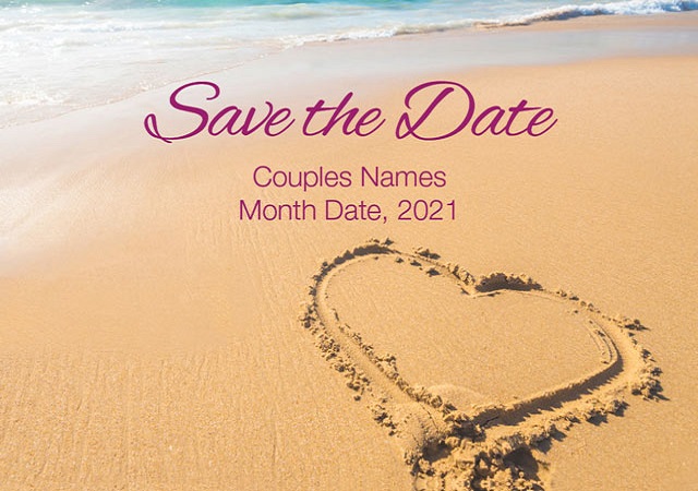 Photo showing heart drawn in the sand of a beach with the words SAVE THE DATE above.