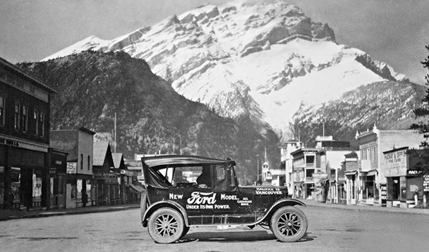 Vintage car and mountain