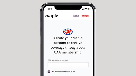 A mobile phone screen displaying the Maple Virtual Care registration form for CAA Members.