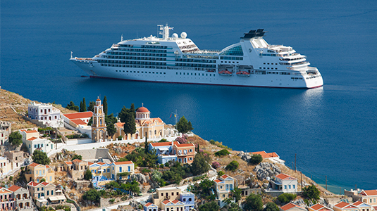 Cruise ship in the bay, Gialos, Symi, Greece