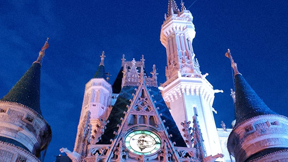 Night scene of a castle at Walt Disney World, Orlando, Florida.