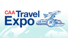 Illustration of plane, cruises ship, train and a compass with a globe in the background. The text CAA Travel Expo on the left side of image.