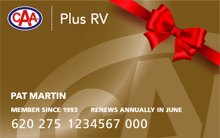 Gold CAA Plus RV Membership Card with red bow.