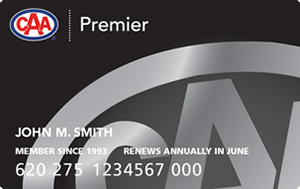 CAA Manitoba Premier membership card featuring black background and partial CAA logo rendered in silver. 