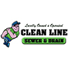 Cleanline Sewer & Drain corporate logo image of muscular plumber with sleeves rolled up with Clean Line lettering in black