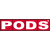 PODS logo white block letters on red squares background