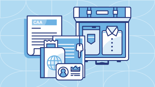 Graphic of travel documents and a packed suitcase